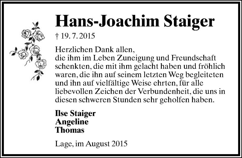 Traueranzeige für Hans-Joachim Staiger vom 26.08.2015 aus Lippische Landes-Zeitung