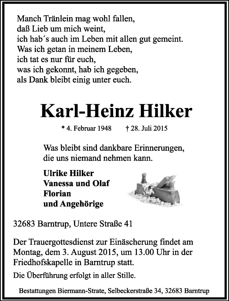  Traueranzeige für Karl-Heinz Hilker vom 31.07.2015 aus Lippische Landes-Zeitung