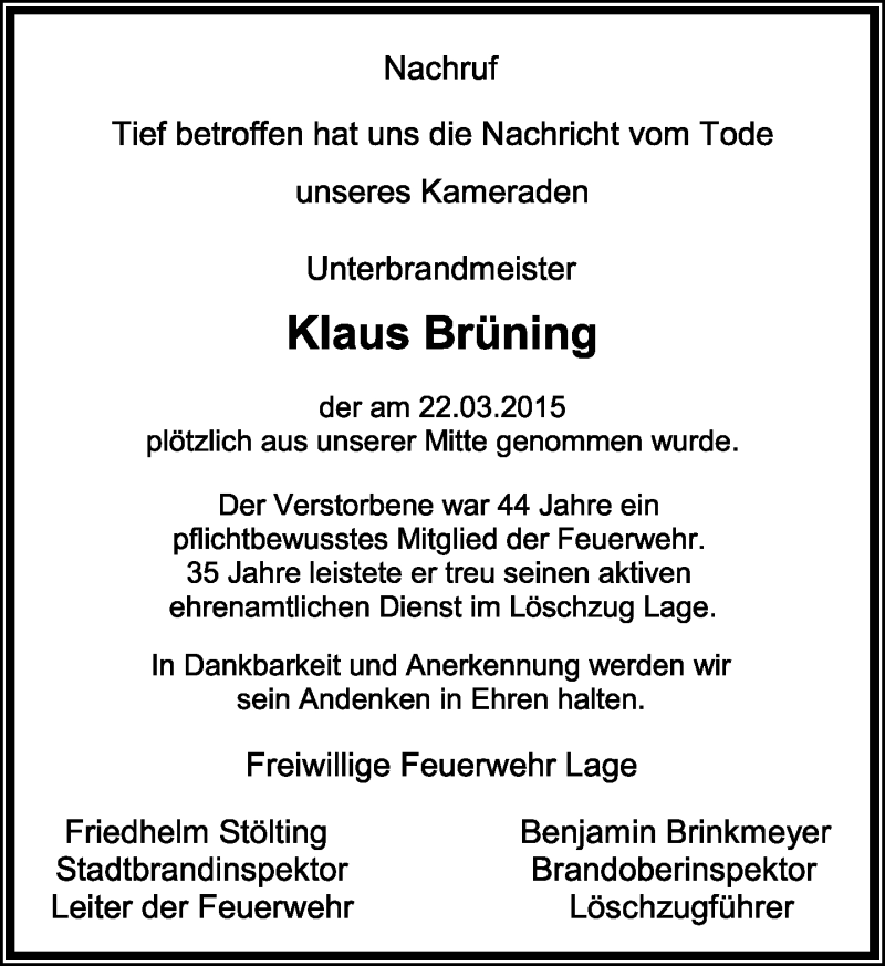  Traueranzeige für Klaus Brüning vom 26.03.2015 aus Lippische Landes-Zeitung