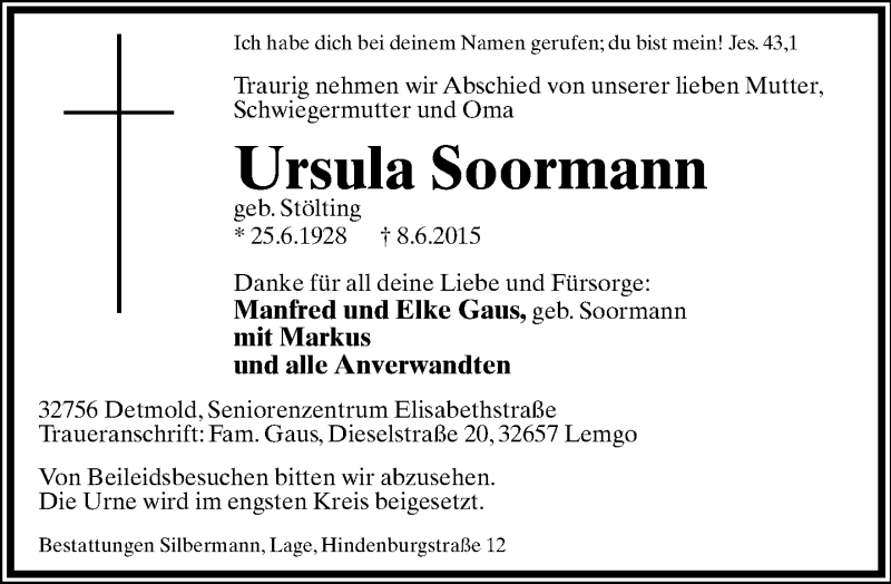  Traueranzeige für Ursula Soormann vom 13.06.2015 aus Lippische Landes-Zeitung
