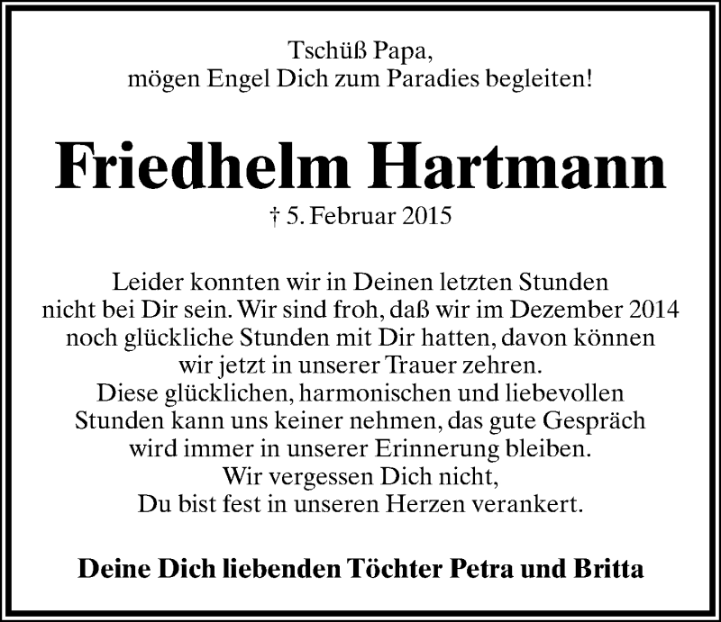  Traueranzeige für Friedhelm Hartmann vom 11.02.2015 aus Lippische Landes-Zeitung