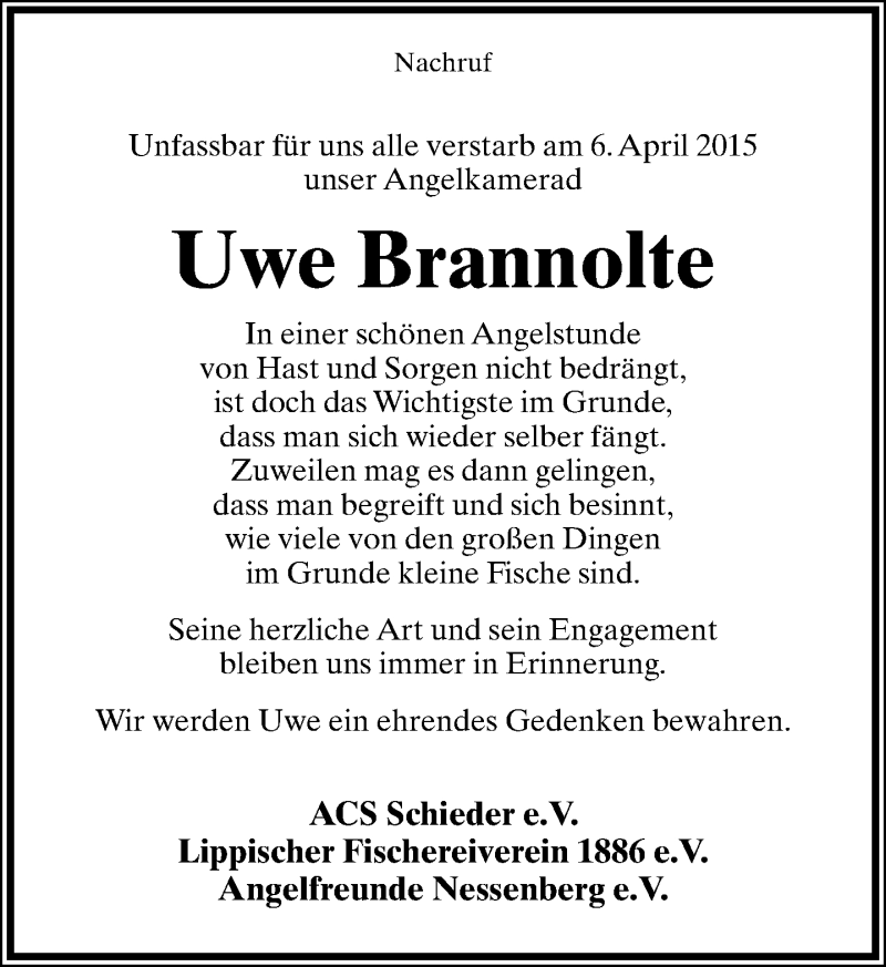  Traueranzeige für Uwe Brannolte vom 17.04.2015 aus Lippische Landes-Zeitung