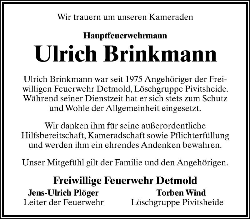  Traueranzeige für Ulrich Brinkmann vom 09.09.2015 aus Lippische Landes-Zeitung