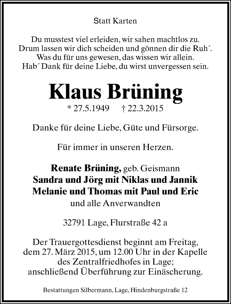  Traueranzeige für Klaus Brüning vom 25.03.2015 aus Lippische Landes-Zeitung