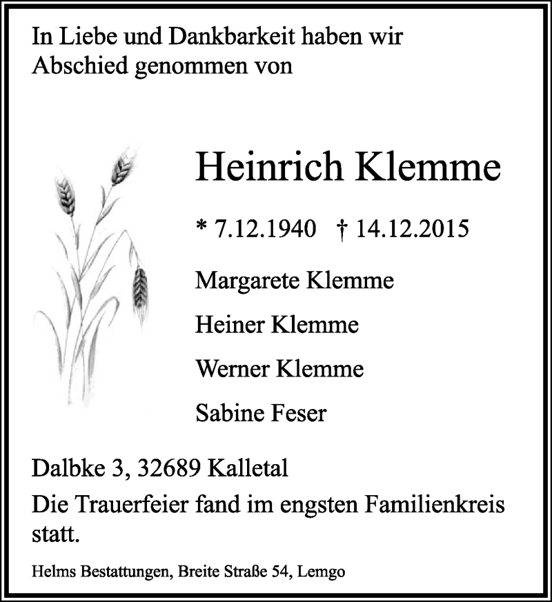  Traueranzeige für Heinrich Klemme vom 21.12.2015 aus Lippische Landes-Zeitung