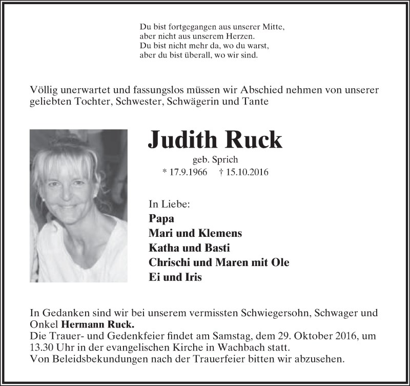  Traueranzeige für Judith Ruck vom 27.10.2016 aus Lippische Landes-Zeitung
