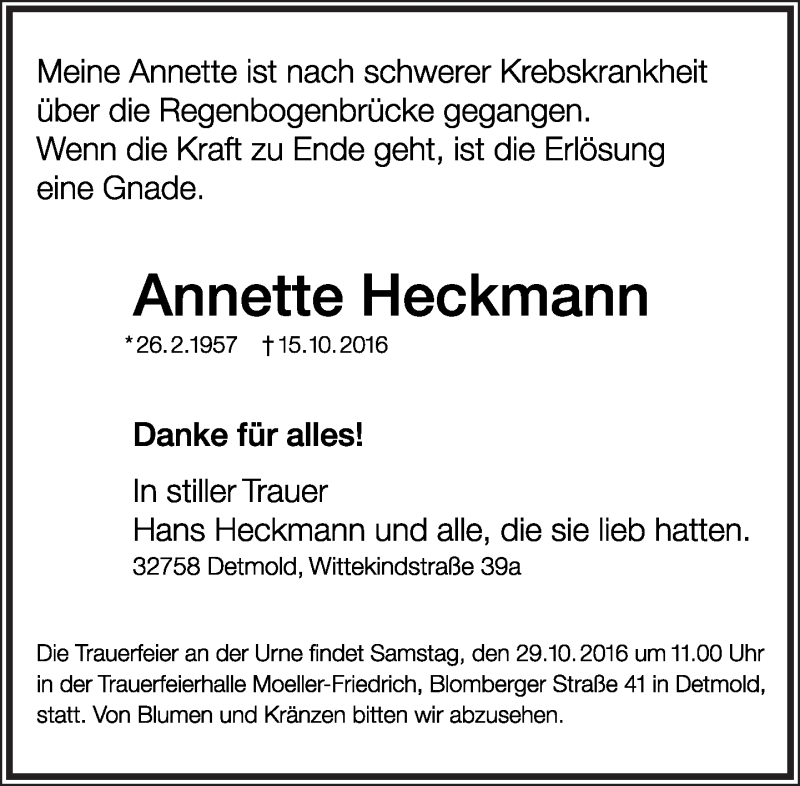  Traueranzeige für Annette Heckmann vom 22.10.2016 aus Lippische Landes-Zeitung