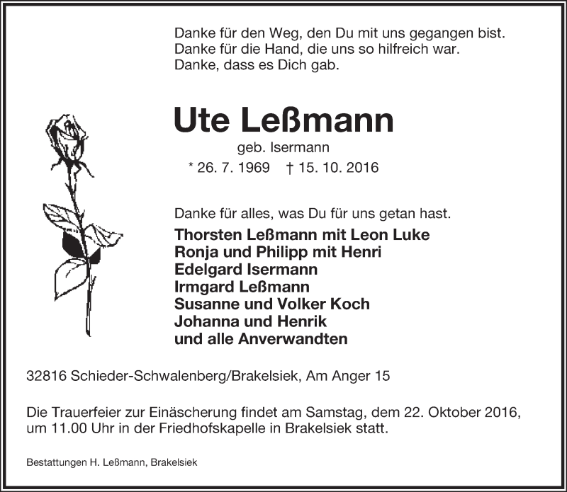  Traueranzeige für Ute Leßmann vom 19.10.2016 aus Lippische Landes-Zeitung