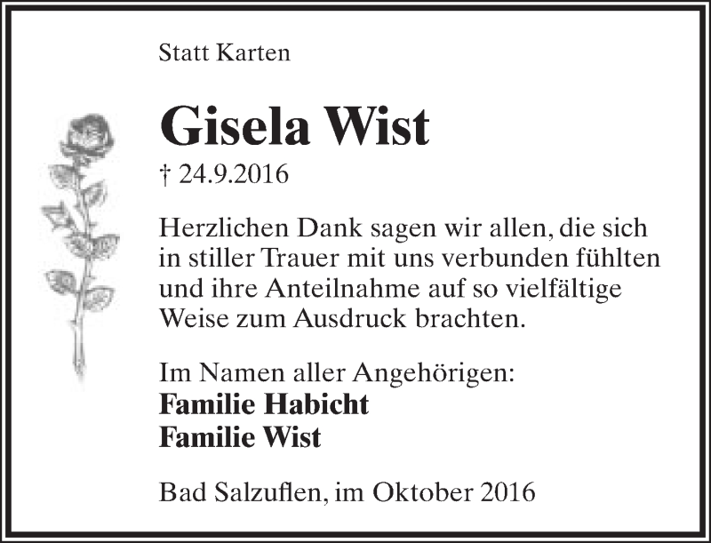  Traueranzeige für Gisela Wist vom 29.10.2016 aus Lippische Landes-Zeitung