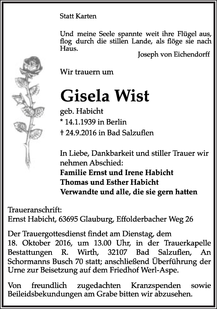  Traueranzeige für Gisela Wist vom 08.10.2016 aus Lippische Landes-Zeitung