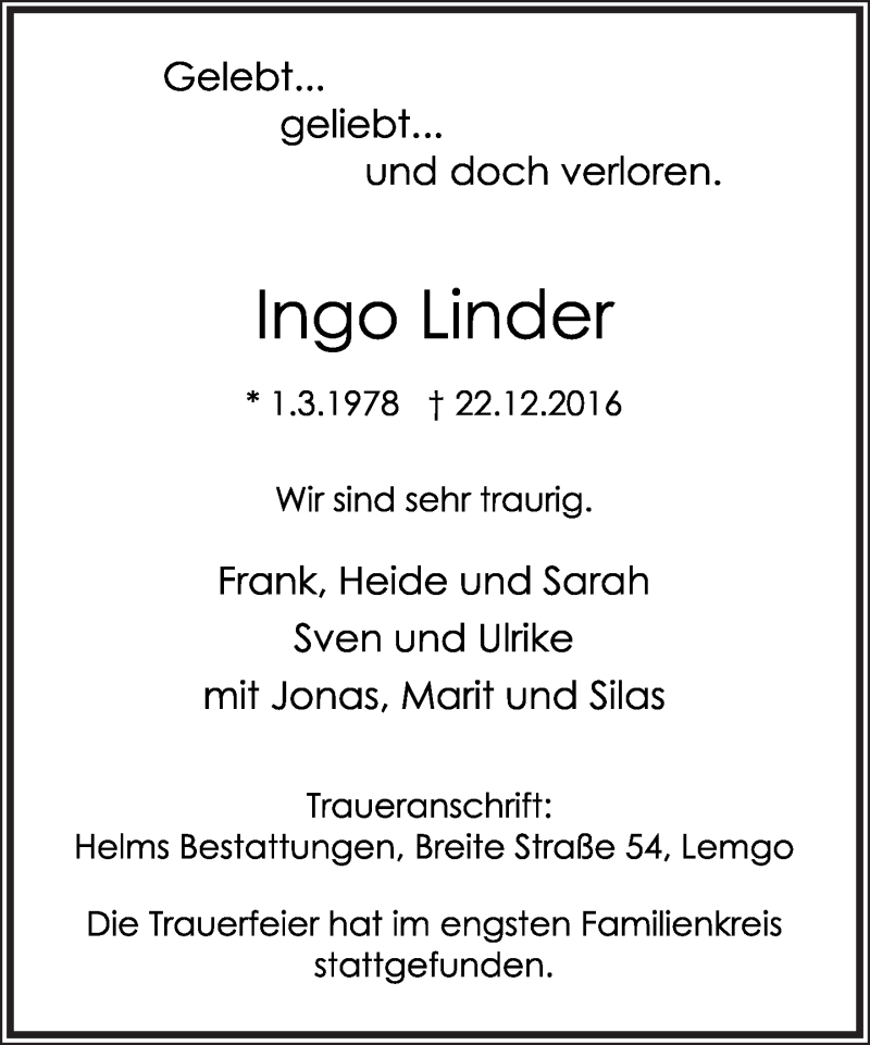  Traueranzeige für Ingo Linder vom 31.12.2016 aus Lippische Landes-Zeitung