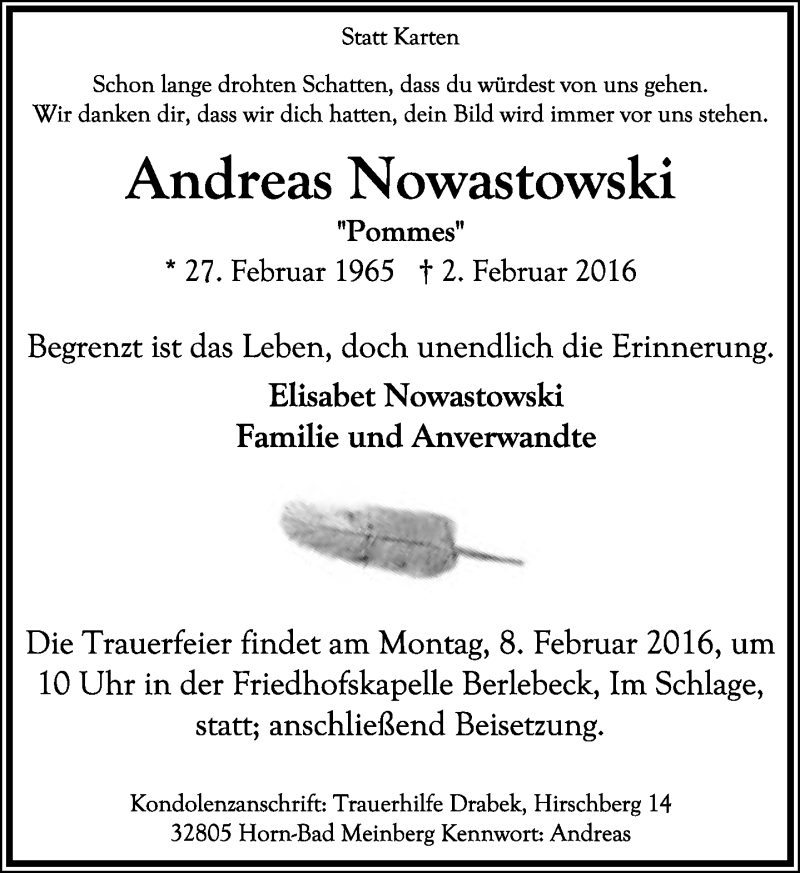  Traueranzeige für Andreas Nowastowski vom 05.02.2016 aus Lippische Landes-Zeitung