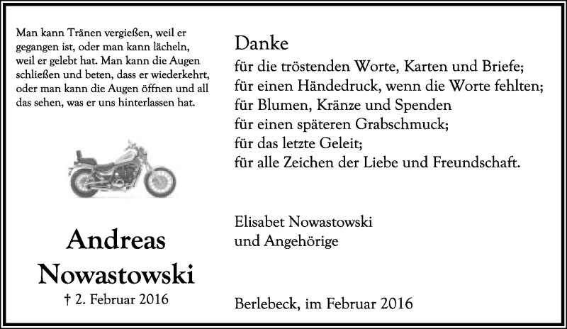  Traueranzeige für Andreas Nowastowski vom 20.02.2016 aus Lippische Landes-Zeitung