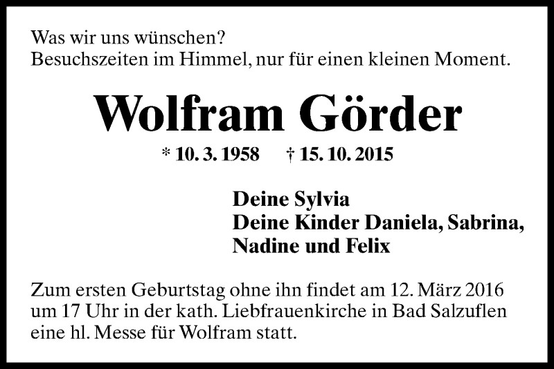  Traueranzeige für Wolfram Görder vom 12.03.2016 aus Lippische Landes-Zeitung