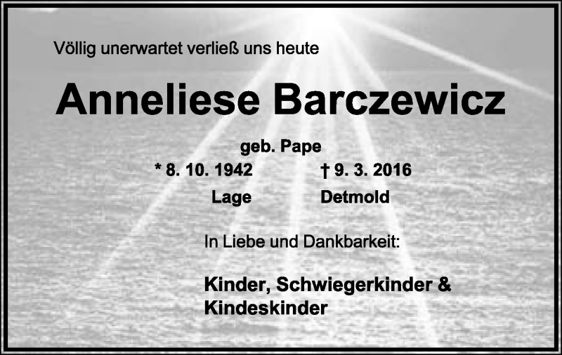  Traueranzeige für Anneliese Barczewicz vom 12.03.2016 aus Lippische Landes-Zeitung