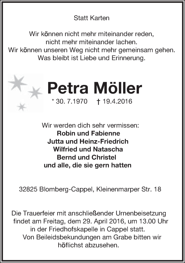  Traueranzeige für Petra Möller vom 26.04.2016 aus Lippische Landes-Zeitung