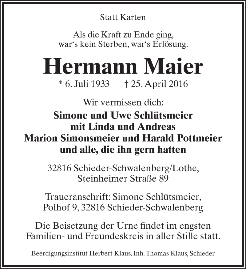  Traueranzeige für Hermann Maier vom 30.04.2016 aus Lippische Landes-Zeitung