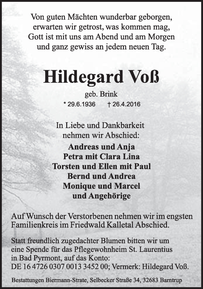  Traueranzeige für Hildegard Voß vom 30.04.2016 aus Lippische Landes-Zeitung