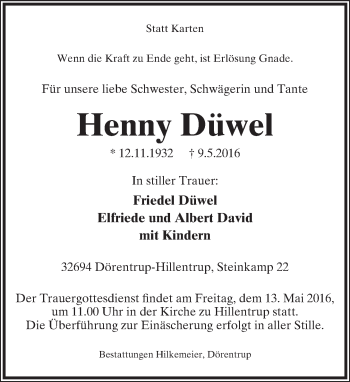 Anzeige  Henny Düwel  Lippische Landes-Zeitung