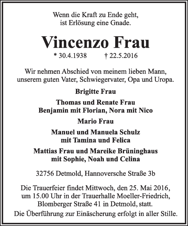  Traueranzeige für Vincenzo Frau vom 24.05.2016 aus Lippische Landes-Zeitung