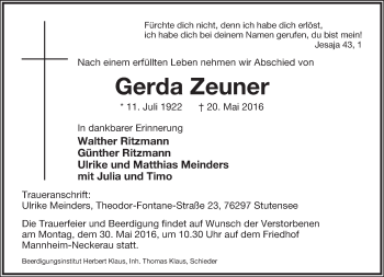 Anzeige  Gerda Zeuner  Lippische Landes-Zeitung