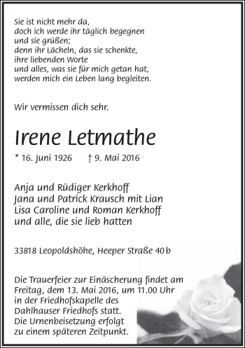 Anzeige  Irene Letrnathe  Lippische Landes-Zeitung