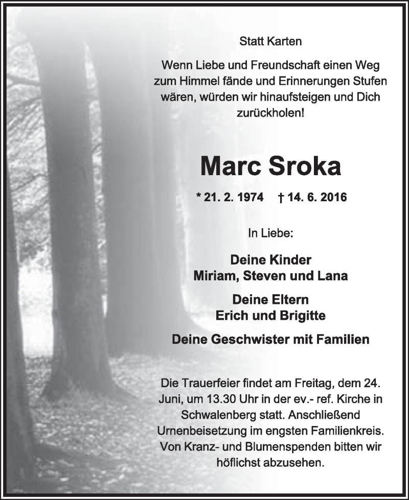  Traueranzeige für Marc Sroka vom 18.06.2016 aus Lippische Landes-Zeitung