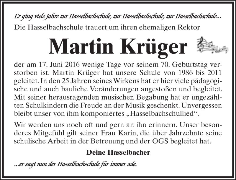  Traueranzeige für Martin Krüger vom 25.06.2016 aus Lippische Landes-Zeitung