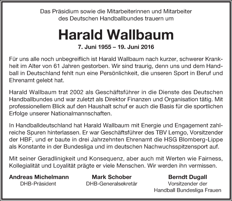  Traueranzeige für Harald Wallbaum vom 22.06.2016 aus Lippische Landes-Zeitung