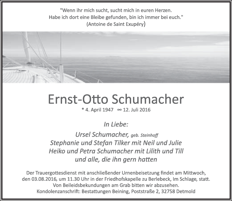  Traueranzeige für Ernst-Otto Schumacher vom 23.07.2016 aus Lippische Landes-Zeitung