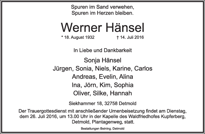  Traueranzeige für Werner Hänsel vom 23.07.2016 aus Lippische Landes-Zeitung