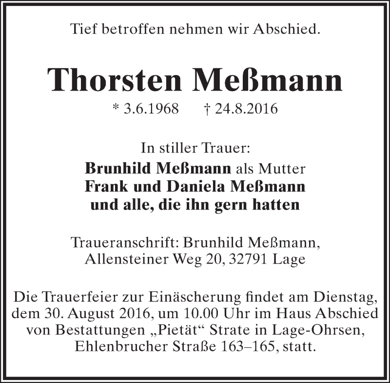  Traueranzeige für Thorsten Meßmann vom 27.08.2016 aus Lippische Landes-Zeitung
