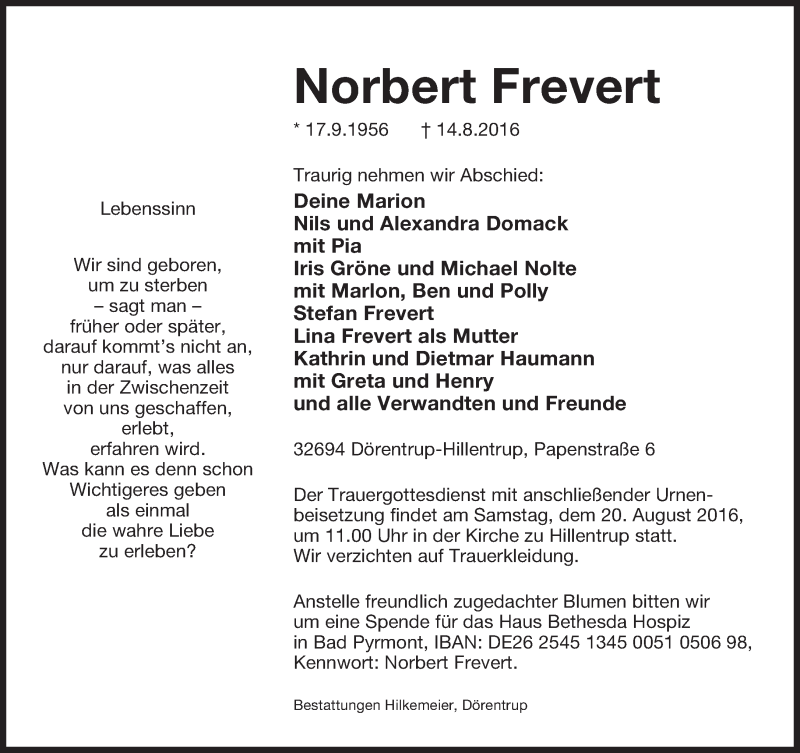  Traueranzeige für Norbert Frevert vom 17.08.2016 aus Lippische Landes-Zeitung
