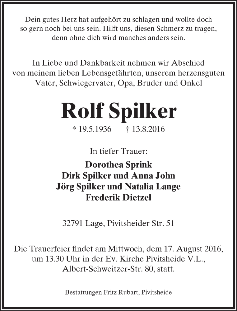  Traueranzeige für Rolf Spilker vom 15.08.2016 aus Lippische Landes-Zeitung