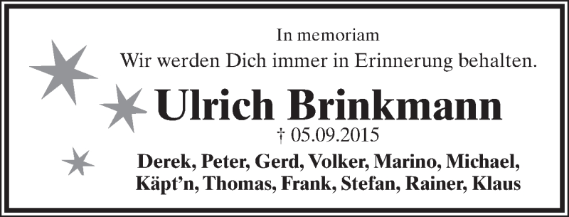  Traueranzeige für Ulrich Brinkmann vom 05.09.2016 aus Lippische Landes-Zeitung