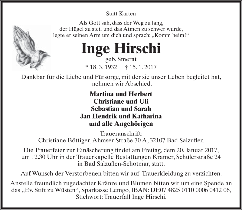  Traueranzeige für Inge Hirschi vom 18.01.2017 aus Lippische Landes-Zeitung
