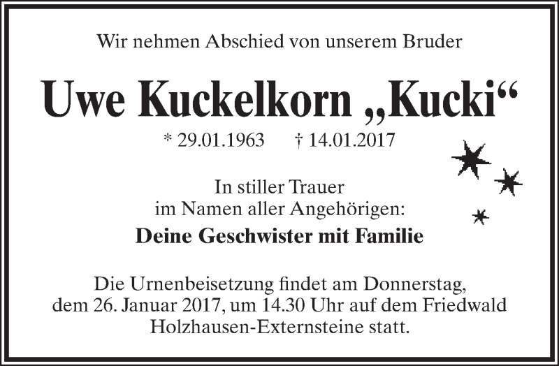  Traueranzeige für Uwe Kuckelkorn vom 21.01.2017 aus Lippische Landes-Zeitung