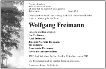 Anzeige  Wolfgang Freimann  Lippische Landes-Zeitung