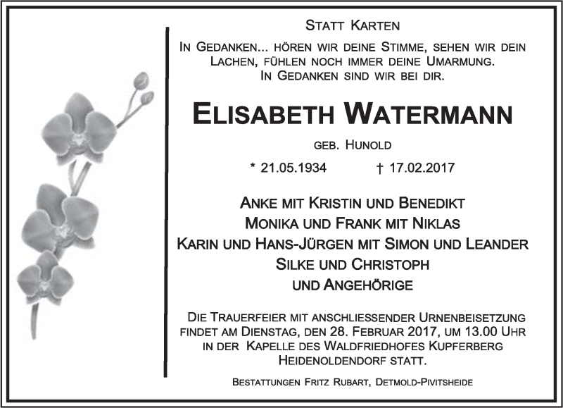  Traueranzeige für Elisabeth Watermann vom 22.02.2017 aus Lippische Landes-Zeitung