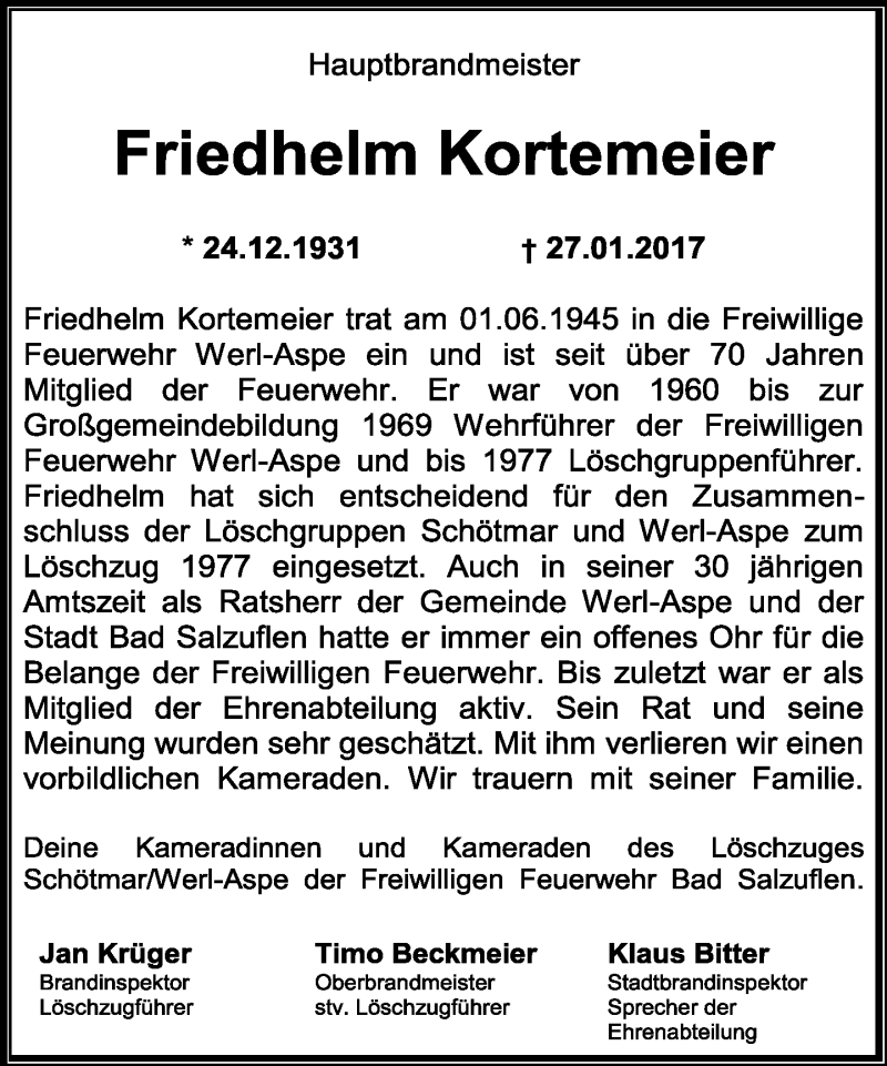  Traueranzeige für Friedhelm Kortemeier vom 01.02.2017 aus Lippische Landes-Zeitung