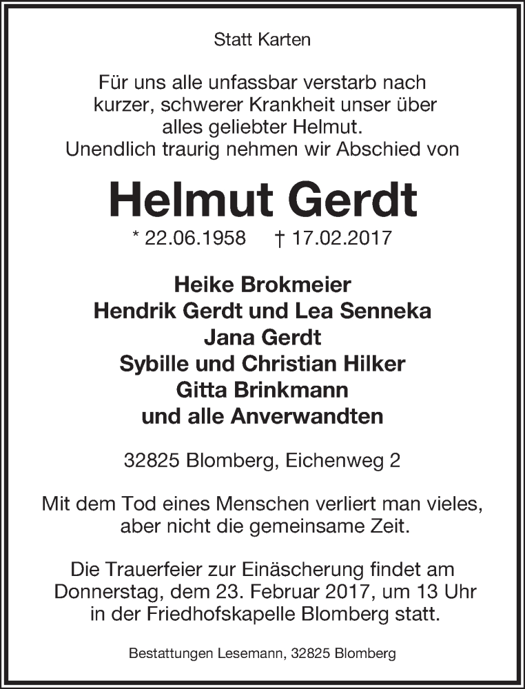  Traueranzeige für Helmut Gerdt vom 21.02.2017 aus Lippische Landes-Zeitung