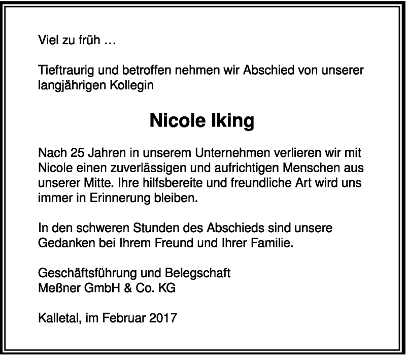 Traueranzeige für Nicole Iking vom 17.02.2017 aus Lippische Landes-Zeitung