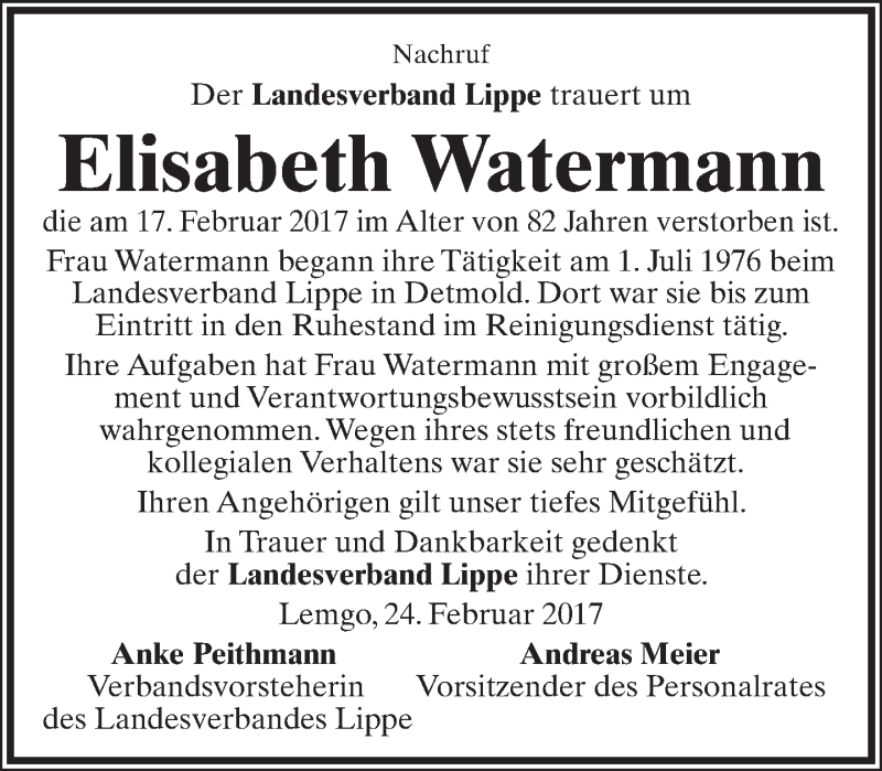  Traueranzeige für Elisabeth Watermann vom 27.02.2017 aus Lippische Landes-Zeitung