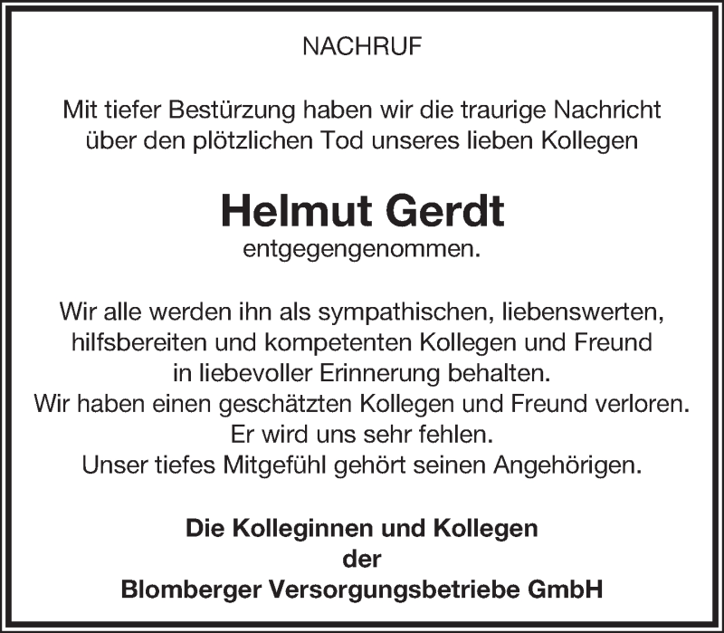  Traueranzeige für Helmut Gerdt vom 22.02.2017 aus Lippische Landes-Zeitung