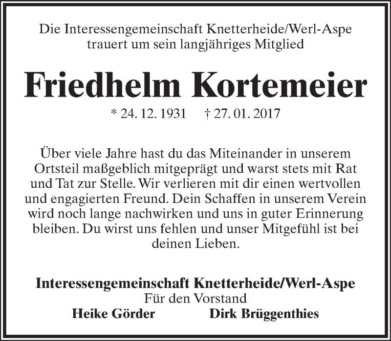  Traueranzeige für Friedhelm Kortemeier vom 03.02.2017 aus Lippische Landes-Zeitung
