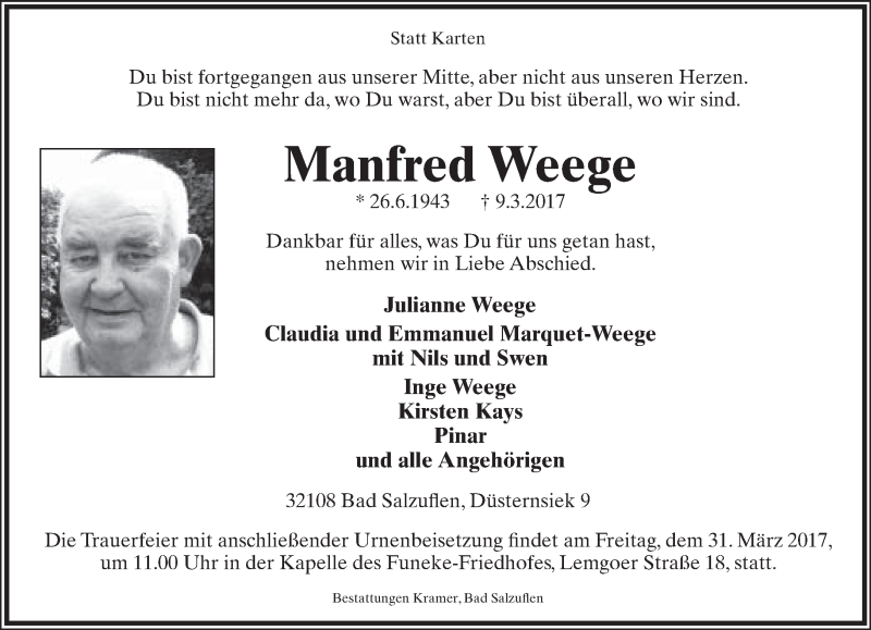  Traueranzeige für Manfred Weege vom 18.03.2017 aus Lippische Landes-Zeitung