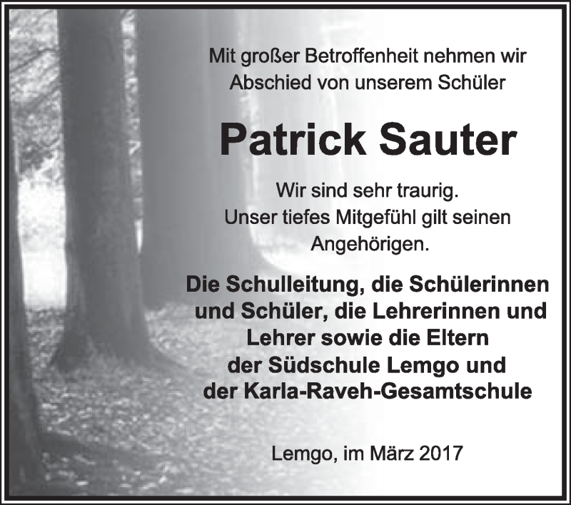  Traueranzeige für Patrick Sauter vom 11.03.2017 aus Lippische Landes-Zeitung