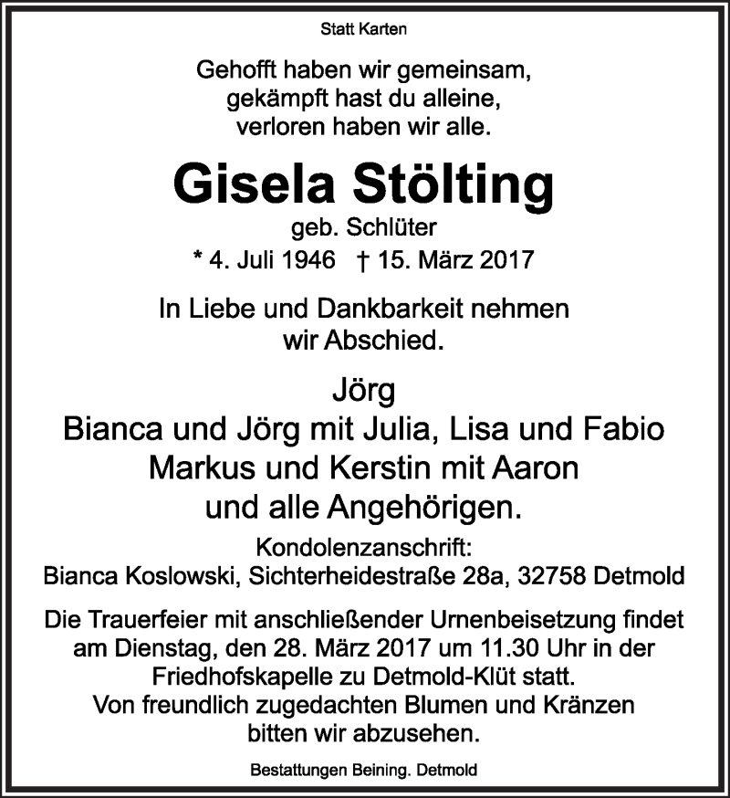  Traueranzeige für Gisela Stölting vom 18.03.2017 aus Lippische Landes-Zeitung