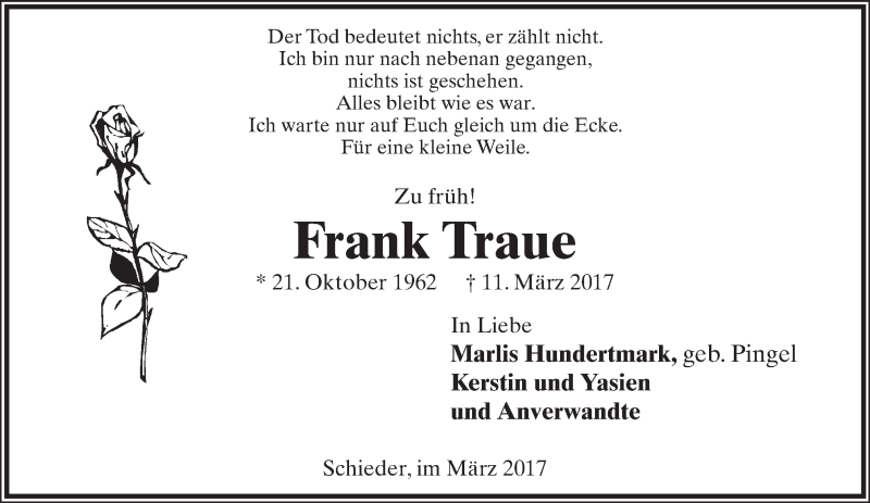  Traueranzeige für Frank Traue vom 15.03.2017 aus Lippische Landes-Zeitung