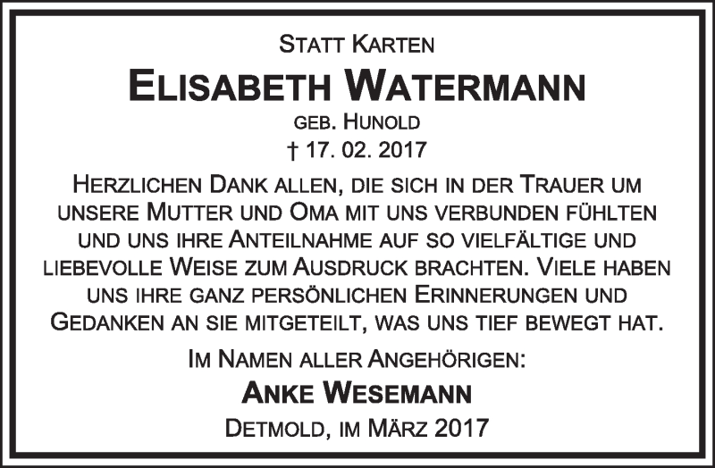  Traueranzeige für Elisabeth Watermann vom 11.03.2017 aus Lippische Landes-Zeitung